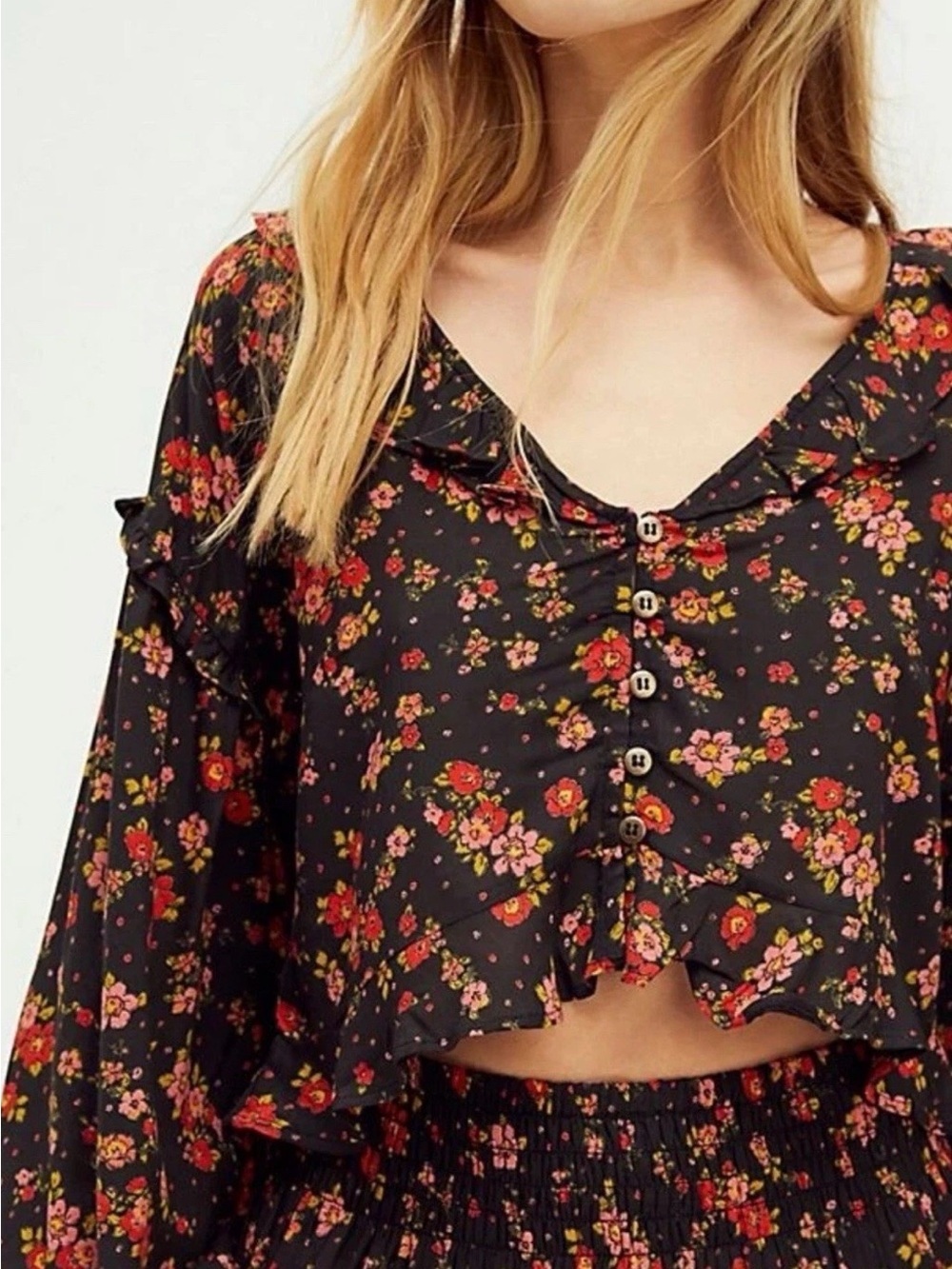 Free People Womans Secret Garden Cropped Ruffle Blouse Top Black Red Floral Sz S